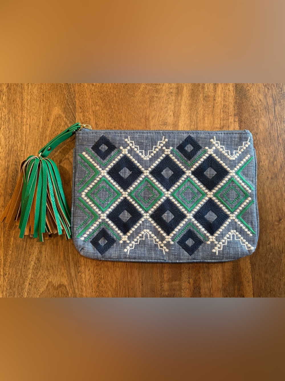 NWOT Merona Embroidered Geometric Zippered Clutch in Blue and Green